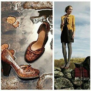 Anthro Schuler and Sons Linnaean Croc D'Orsay Cone Heel Stacked Pumps